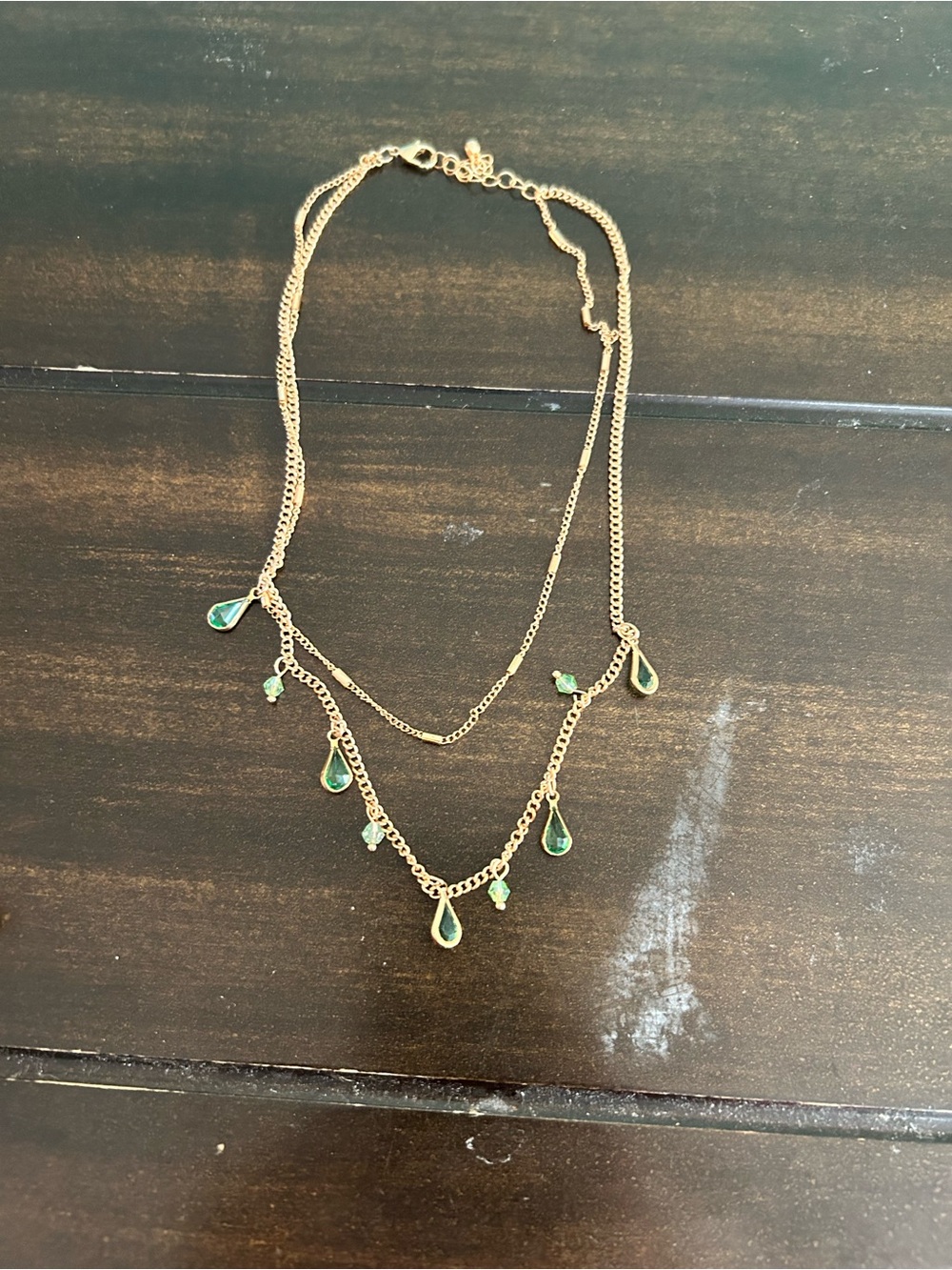 Delicate Gold Layered Necklace with Green Teardrop Charms